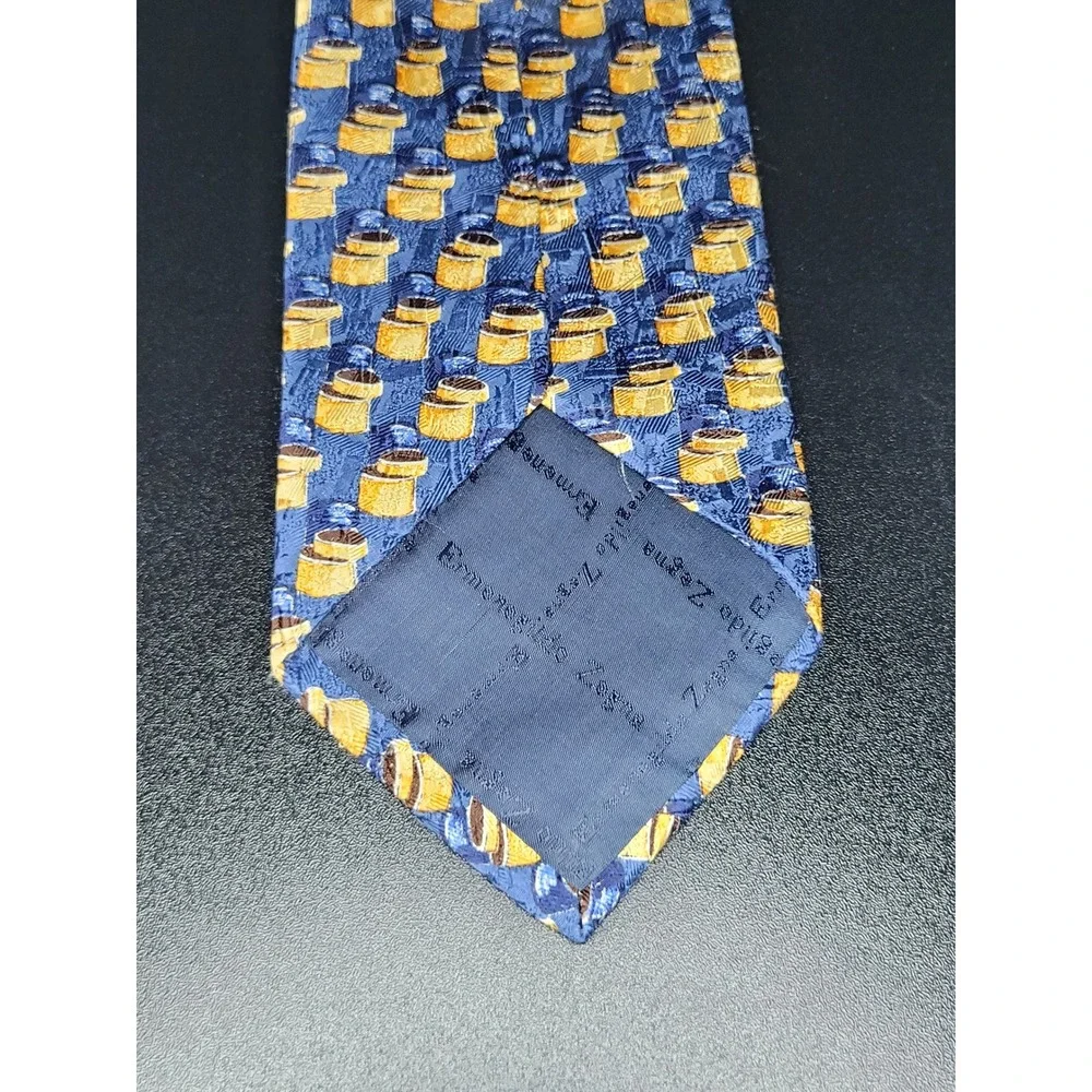 Ermenegildo Zegna Men's Necktie Blue Gold Top Hat Silk 3.75 x 58 Good